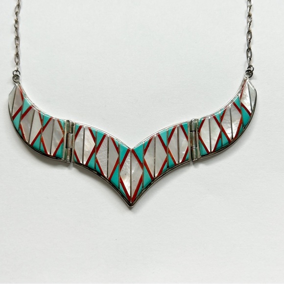 Vintage Signed Zuni Turquoise Mother Pearl Coral Inlay Sterling Silver Necklace - Picture 5 of 15